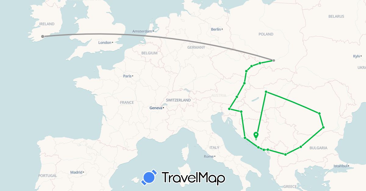 TravelMap itinerary: driving, bus, plane in Austria, Bosnia and Herzegovina, Bulgaria, Czech Republic, Croatia, Hungary, Ireland, Montenegro, Macedonia, Poland, Romania, Slovenia (Europe)